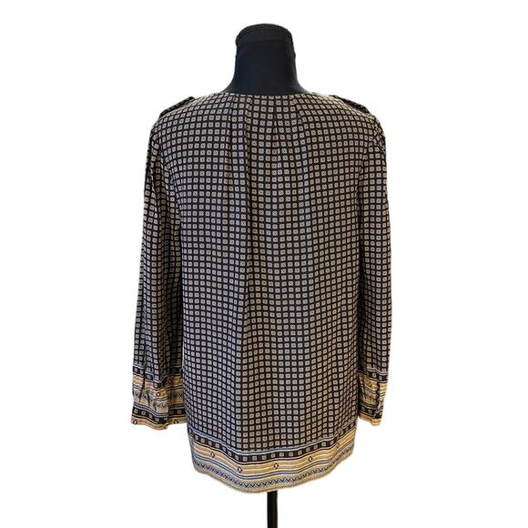 Joie Black and Tan Geometric Print Silk Split Neck Long Sleeve Blouse Size M - Picture 3 of 8